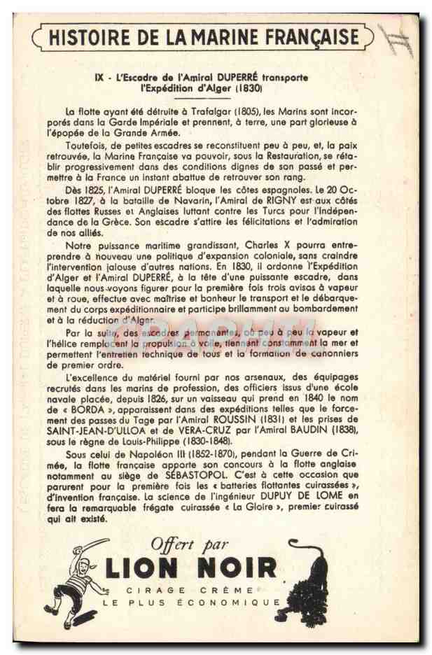 CPA Bateau voilier Histoire de la marine francaise Escadre de l'amiral Duperre a l'expedition d'Alger  — Verso
