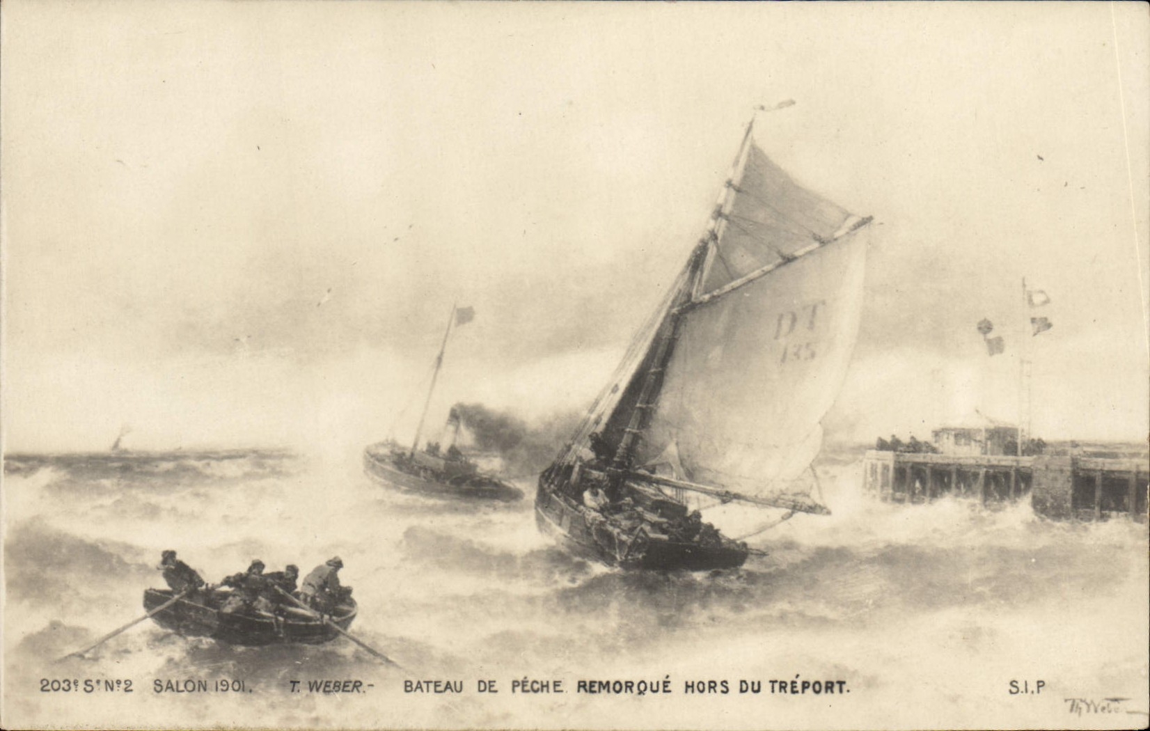 CPA Bateau de peche remorque hors du Treport voilier 
