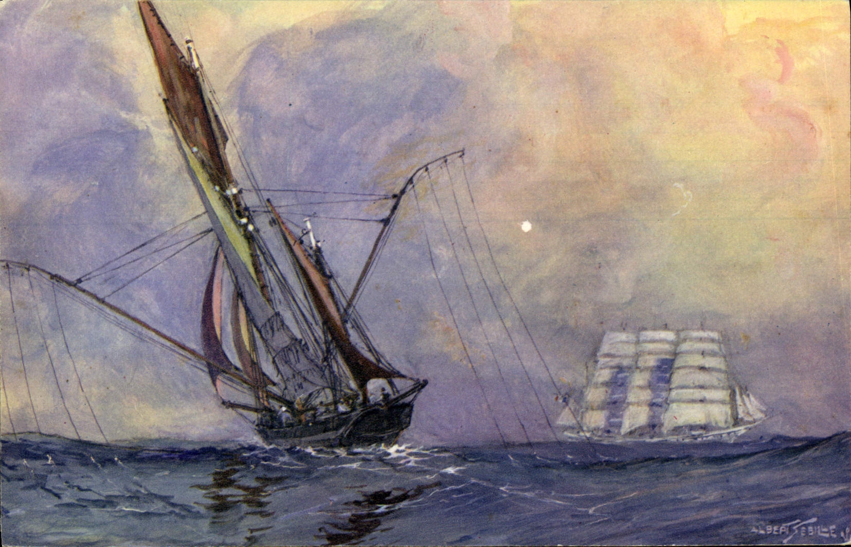 Thonier sur les lieux de pêche les lignes à la mer — Dessin de A. Sebille — COMITÉ NATIONAL DE L'ENFANCE, Paris