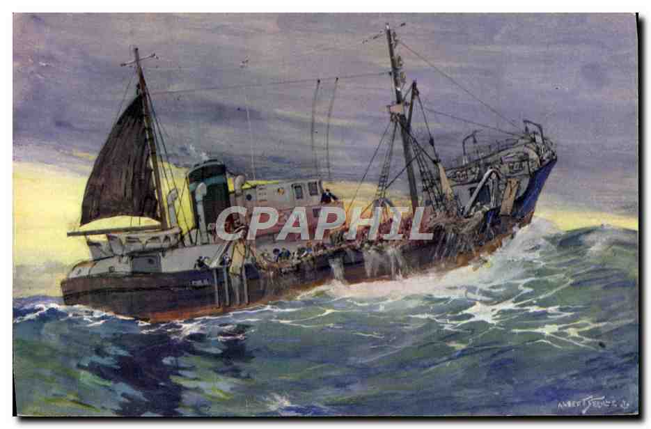 Chalutier de grande pêche ramassant son chalut — Dessin de A. Sebille — Comité National de l'Enfance, Paris