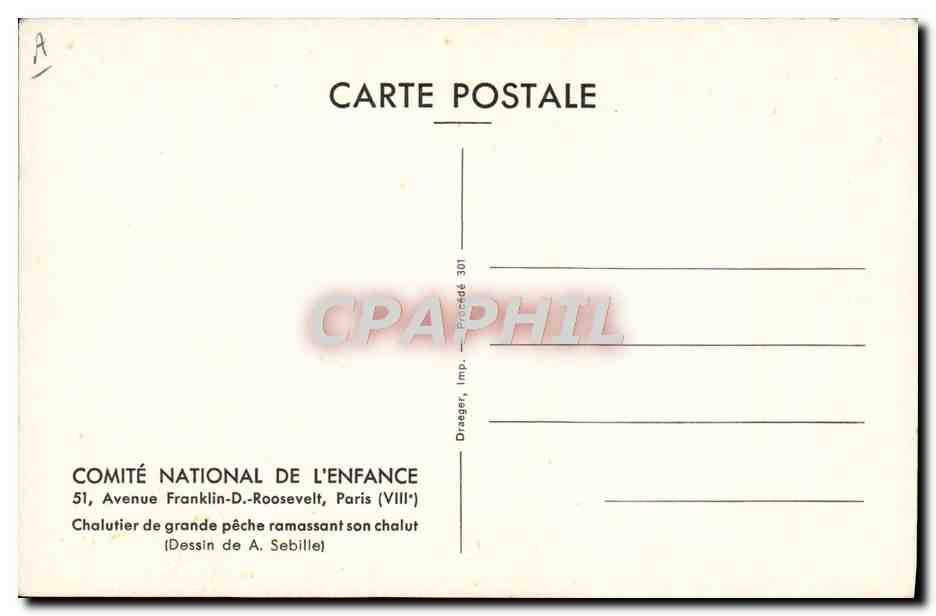 Chalutier de grande pêche ramassant son chalut — Dessin de A. Sebille — Comité National de l'Enfance, Paris — Reverso