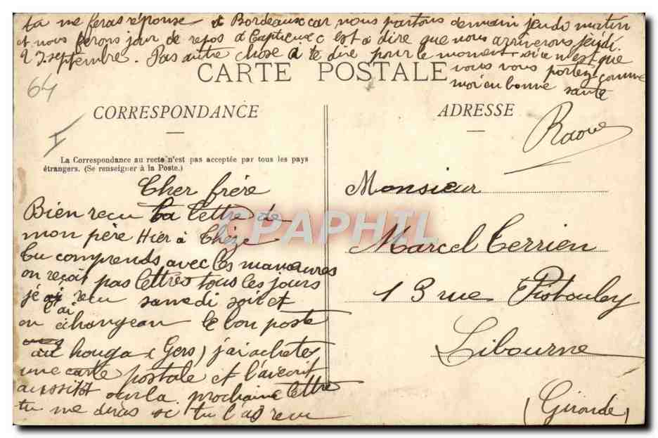 CPA Militaria Pau La caserne Bernadotte  — Rückseite