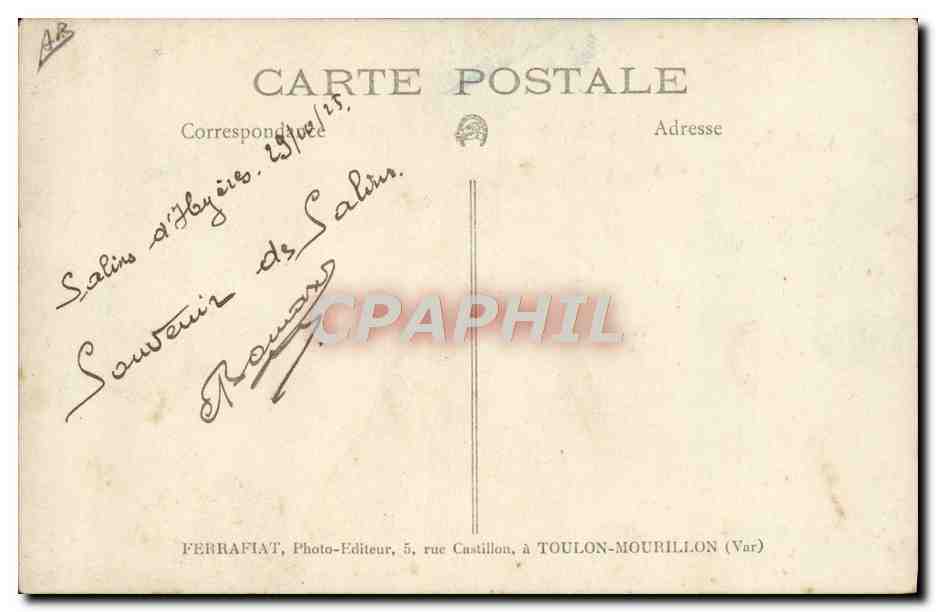 Bateau de guerre — fumée des cheminées — éditeur Ferrariat, Toulon-Mourillon — Verso