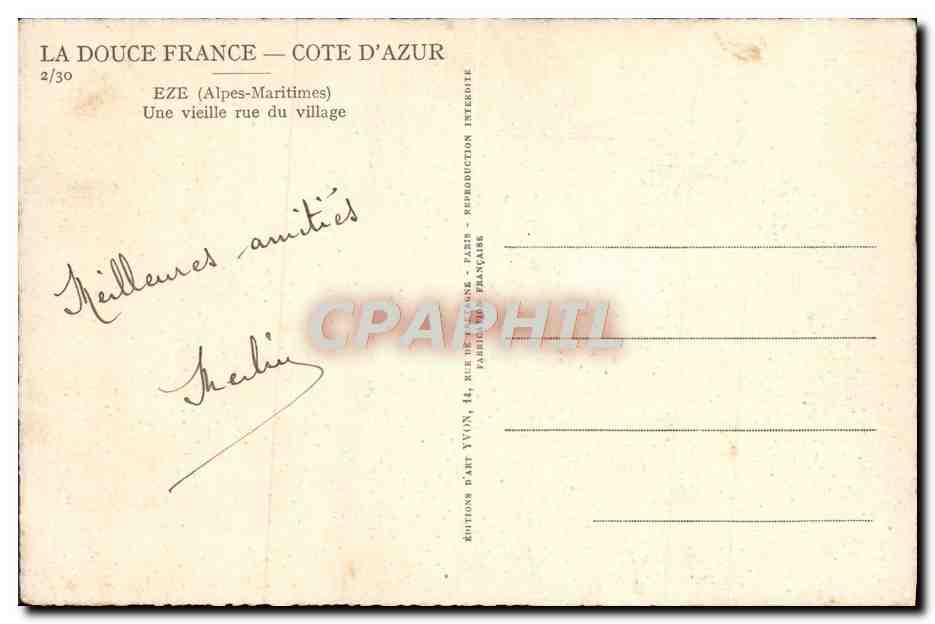 Eze (Alpes-Maritimes) — Une vieille rue du village — Éditions d'Art Yvain, Paris — Verso