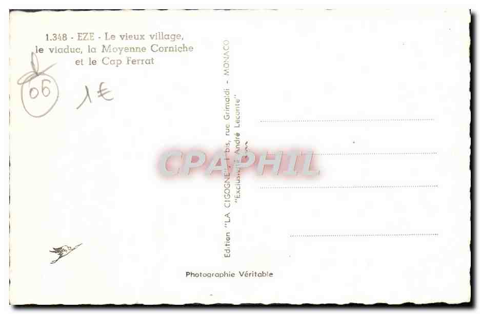 Eze - Le vieux village, le viaduc, la Moyenne Corniche et le Cap Ferrat — Edition 'LA CIGOGNE' — n°1.348 — Verso
