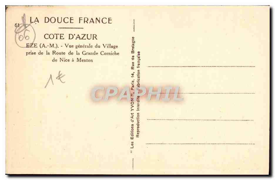 CPA Eze Vue Generale du Village prise de la Route de la Grande corniche de Nice a Menton — Rückseite