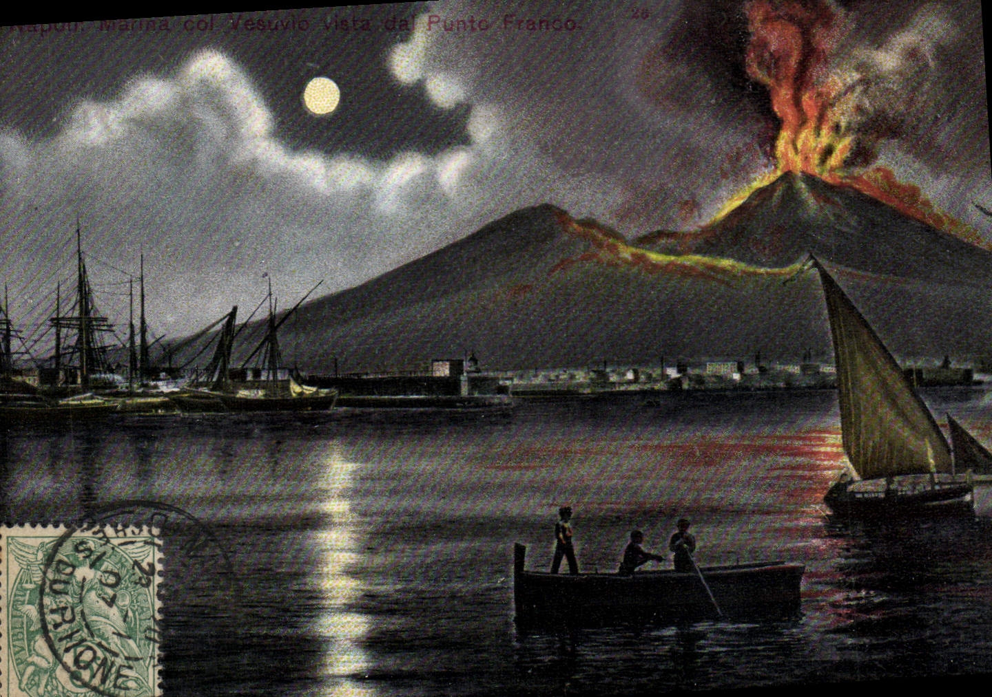 Vue de la mer avec le Vésuve en éruption — vue depuis le Point Franco — éditeur G. Blümelin & Co., Naples