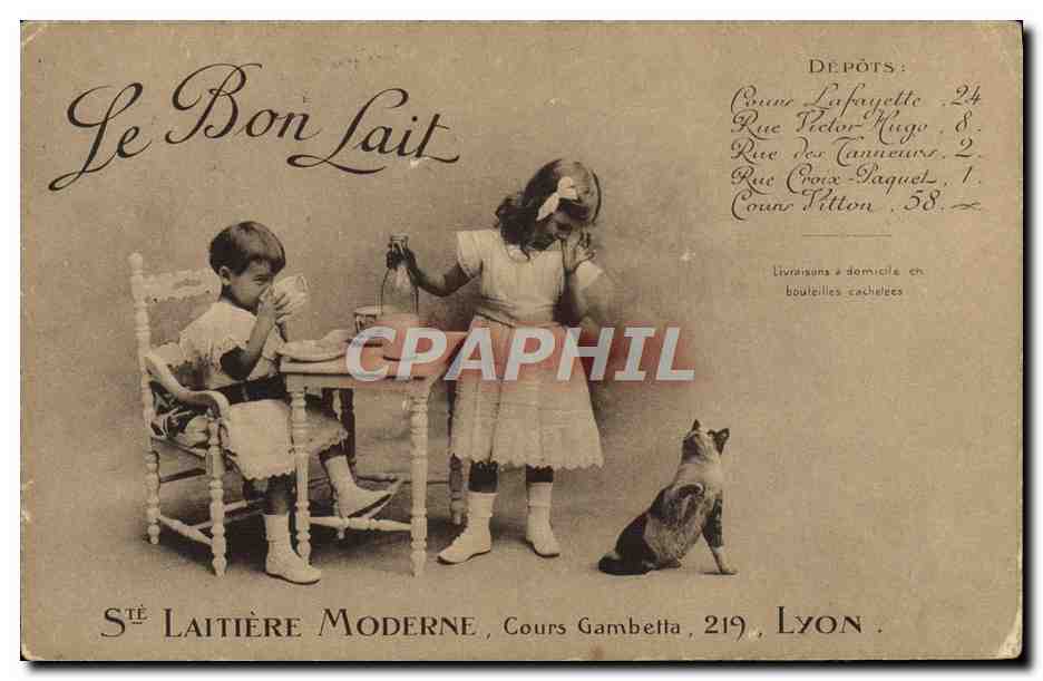 CPA Enfants Le bon lait Ste Laitiere Moderne Cours Gambetta Lyon Chat Chaton 