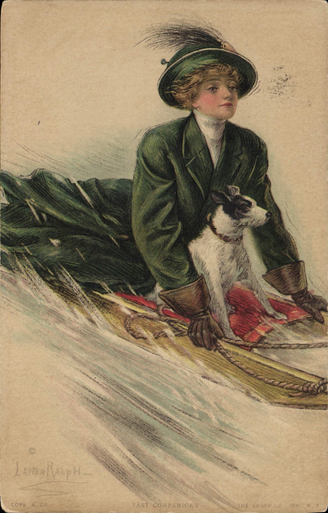 Femmes et chien en traîneau — illustration de Lester Ralph — éditeur The Knapp Co. N.Y.