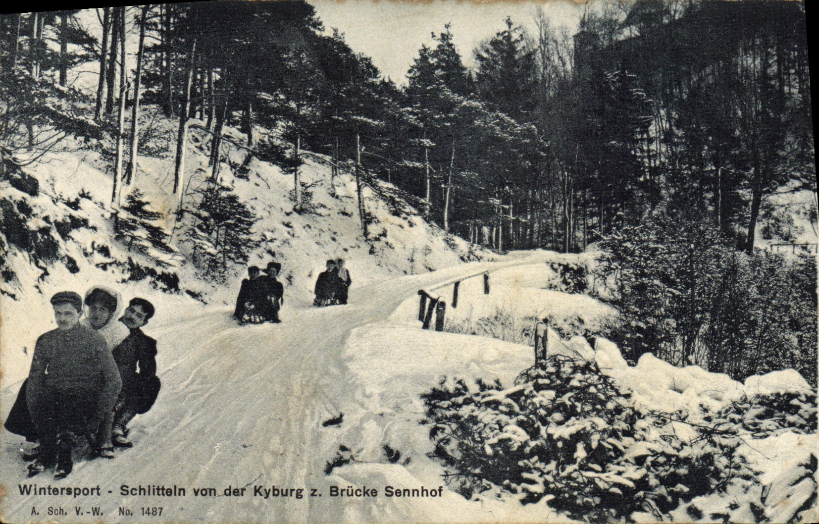 Tarjeta postal antigua Deportes invernales Esquí Esquiar desde Kyburg a Brucke Sennhof