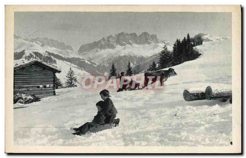 CPA Sports d'hiver Ski Enfants en luge Boeuf Traineau