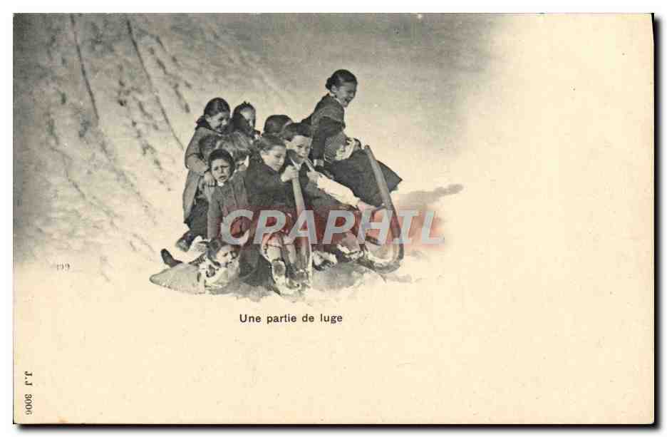 Une partie de luge — enfants glissant sur une pente enneigée — éditeur J.J. 30006