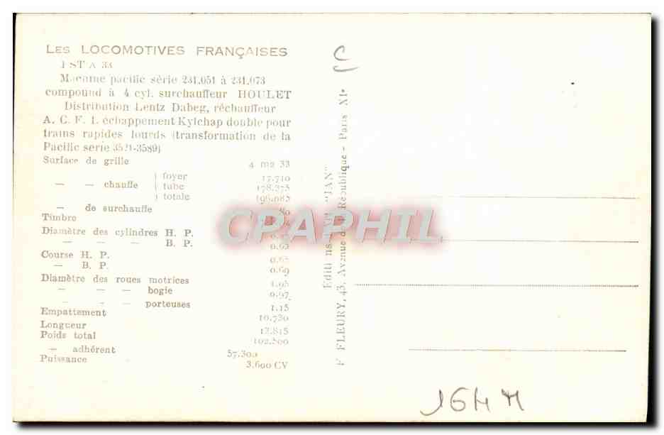 CPA Train Locomotive Machine Pacific Serie 231 051 a 231 073  — Rückseite