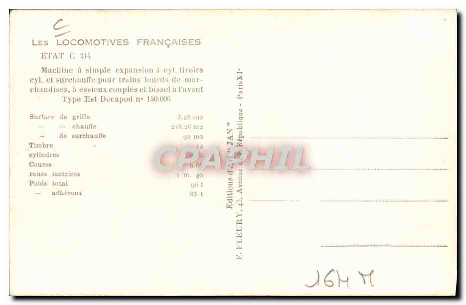 CPA Train Locomotive Machine Etat C 214 — Verso