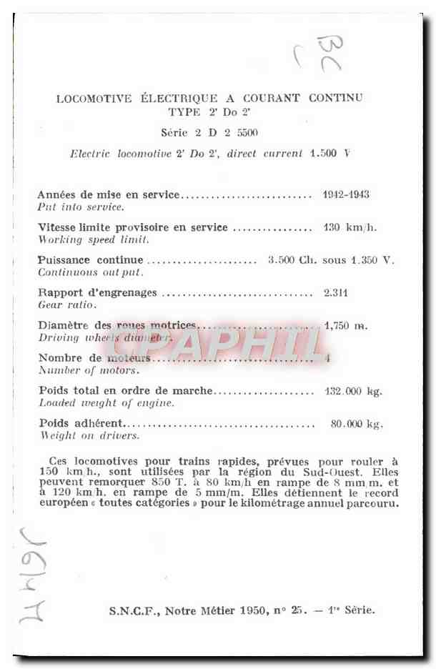 CPA Train Locomotive electrique a courant continu Type 2 Do 2 — Rückseite