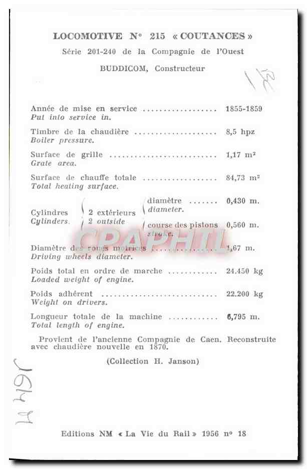 CPA Train Locomotive 215 Coutances Serie 201 240 de la Compagnie de l'Ouest Buddicom — Verso
