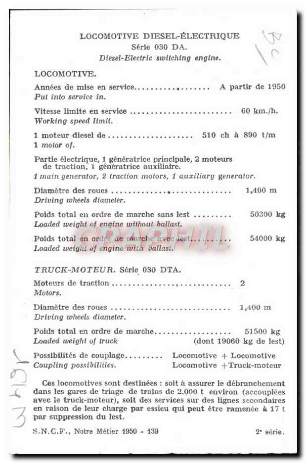CPA Train Locomotive Diesel Electrique Serie 030 DA  — Verso