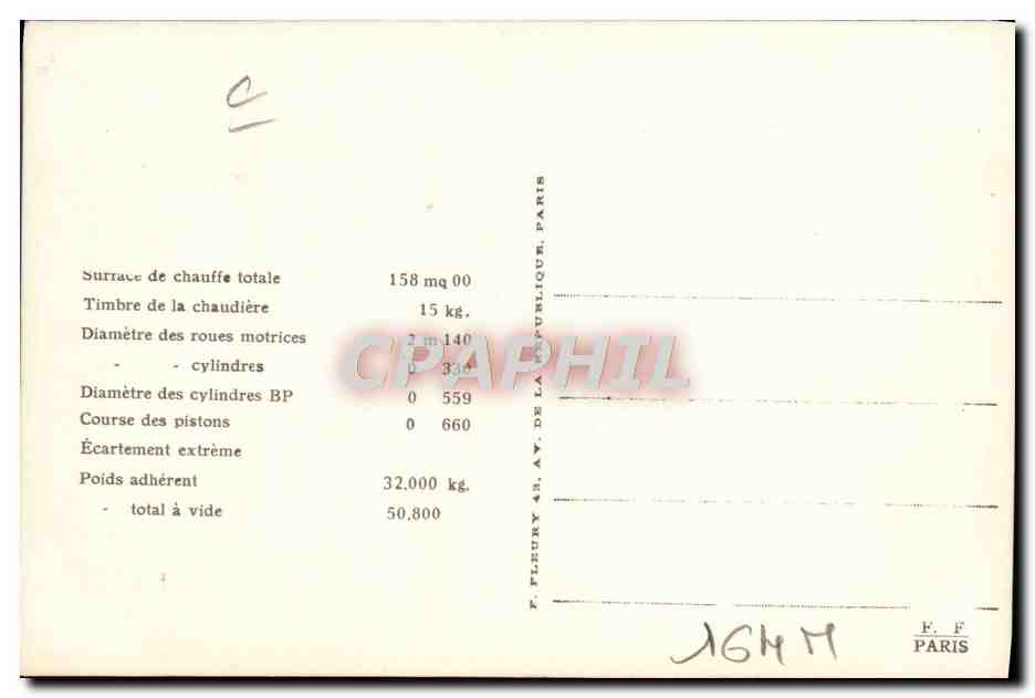 CPA Train Locomotive Machine 2805 Systeme Wolf Vauclain Ateliers Baldwin Philadelphie  — Verso