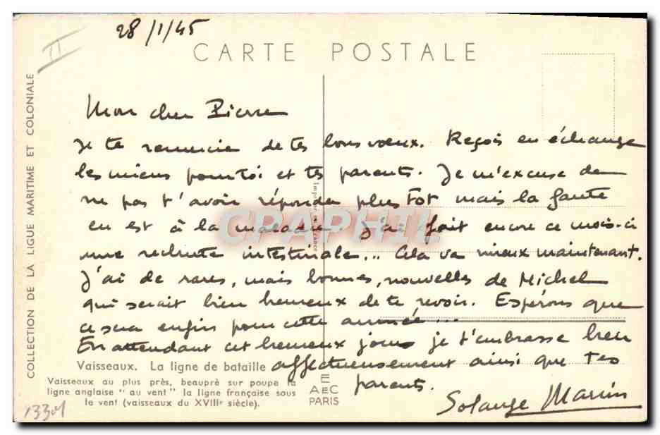 Vaisseaux au plus près, beauprès sur poupe — ligne anglaise 'au vent' la ligne française sous le vent (vaisseaux du XVIIIe siècle) — L. Hallner — Collection de la Ligue Maritime et Coloniale — Verso