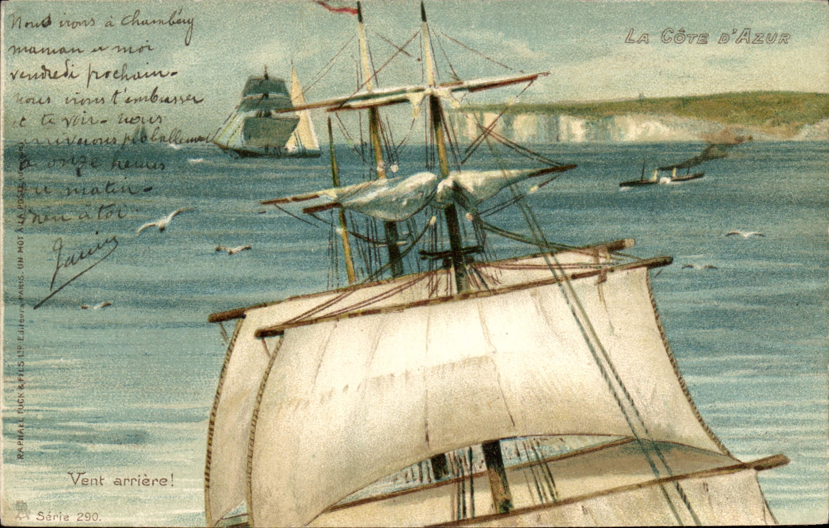 La Côte d'Azur — Vue maritime avec voiliers — Raphael Lick & Fils, Paris, Série 290