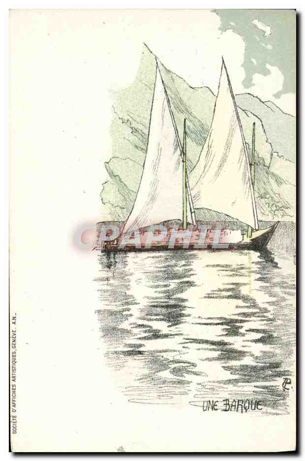 Une barque — vue de mer avec montagnes — Société d'Affiches Artistiques, Genève, A.R.