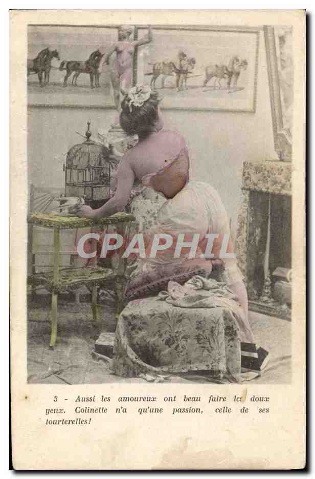 Femme assise devant un oiseau en cage — scène intérieure — éditeur non visible
