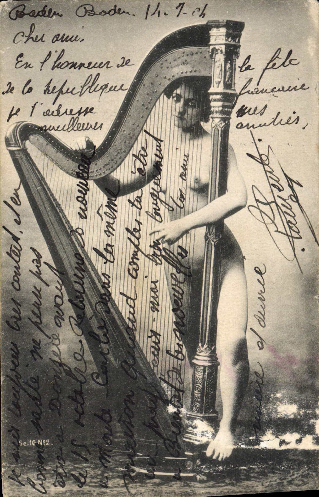 CPA Femme Nu erotique Harpe