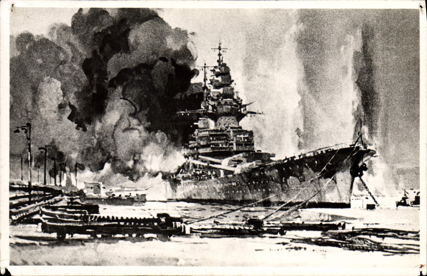 Bataille de Pearl Harbor — USS Arizona en feu — illustration militaire