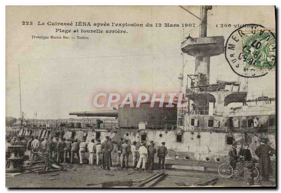 Le Cuirassé IÉNA après l'explosion du 12 Mars 1907 — Phototypie Marius Bar — Toulon