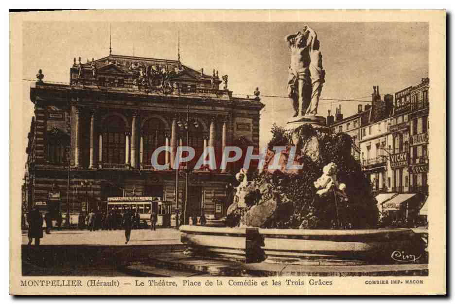 Montpellier (Hérault) — Le Théâtre, Place de la Comédie et les Trois Grâces — Combier Imp. Nacon
