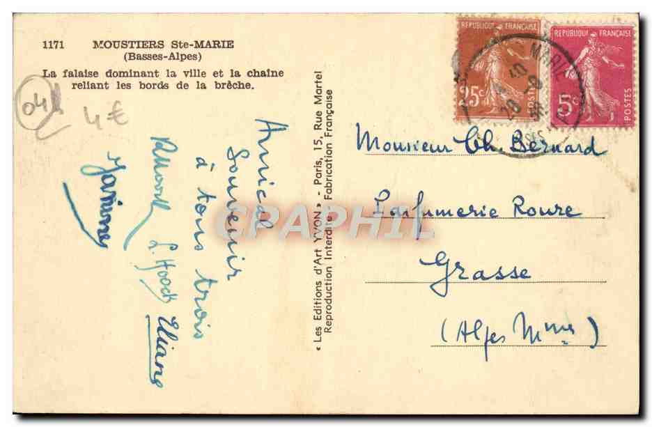CPA Moustiers Ste Marie la falaise dominant la ville et la chaine reliant les bords de la breche  — Back