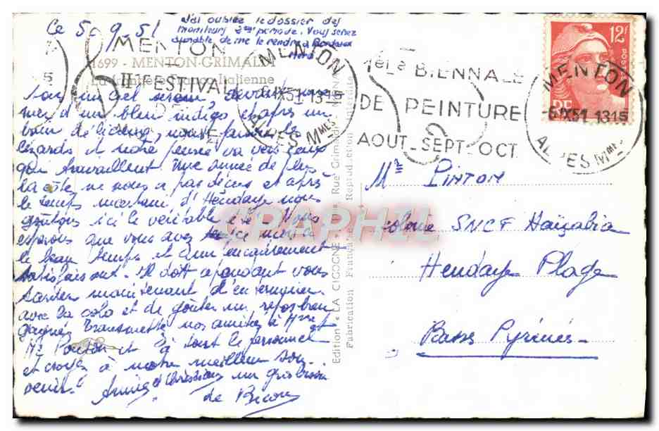 CPM Menton Grimaldi Frontiere Franco italienne  — Rückseite