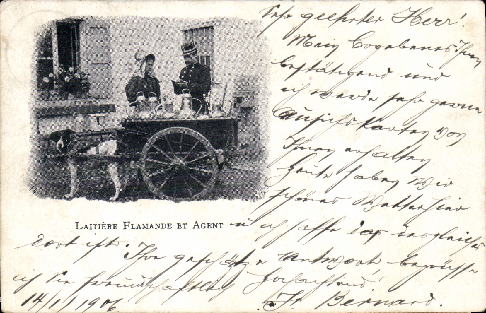 Laitière Flamande et Agent — scène de rue avec chien — éditeur V.E.R. n°14