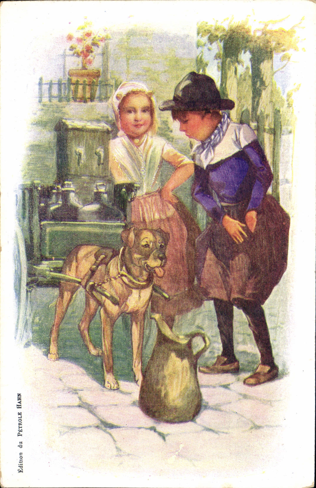 Enfants et chien près d'un puits — Édition du PÉTROLE HAHN, n° III