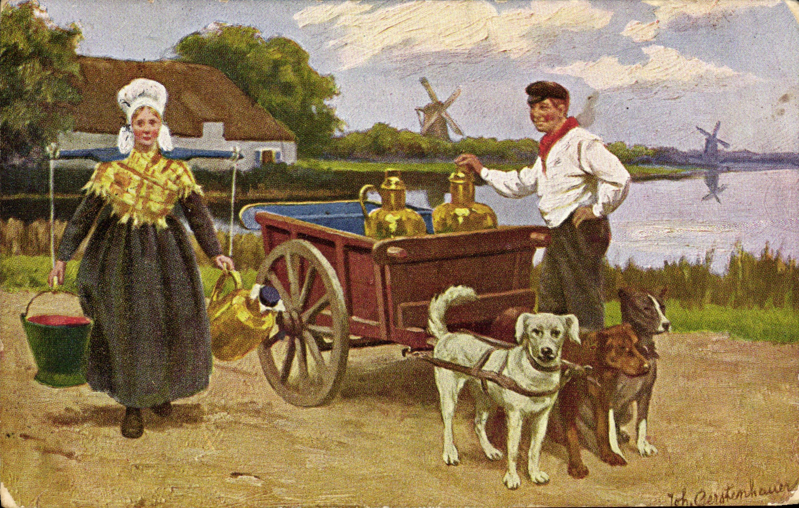 Scène de village néerlandais — homme et femme près d'un chariot avec chiens — dessin de Joh. Cersteinhauer