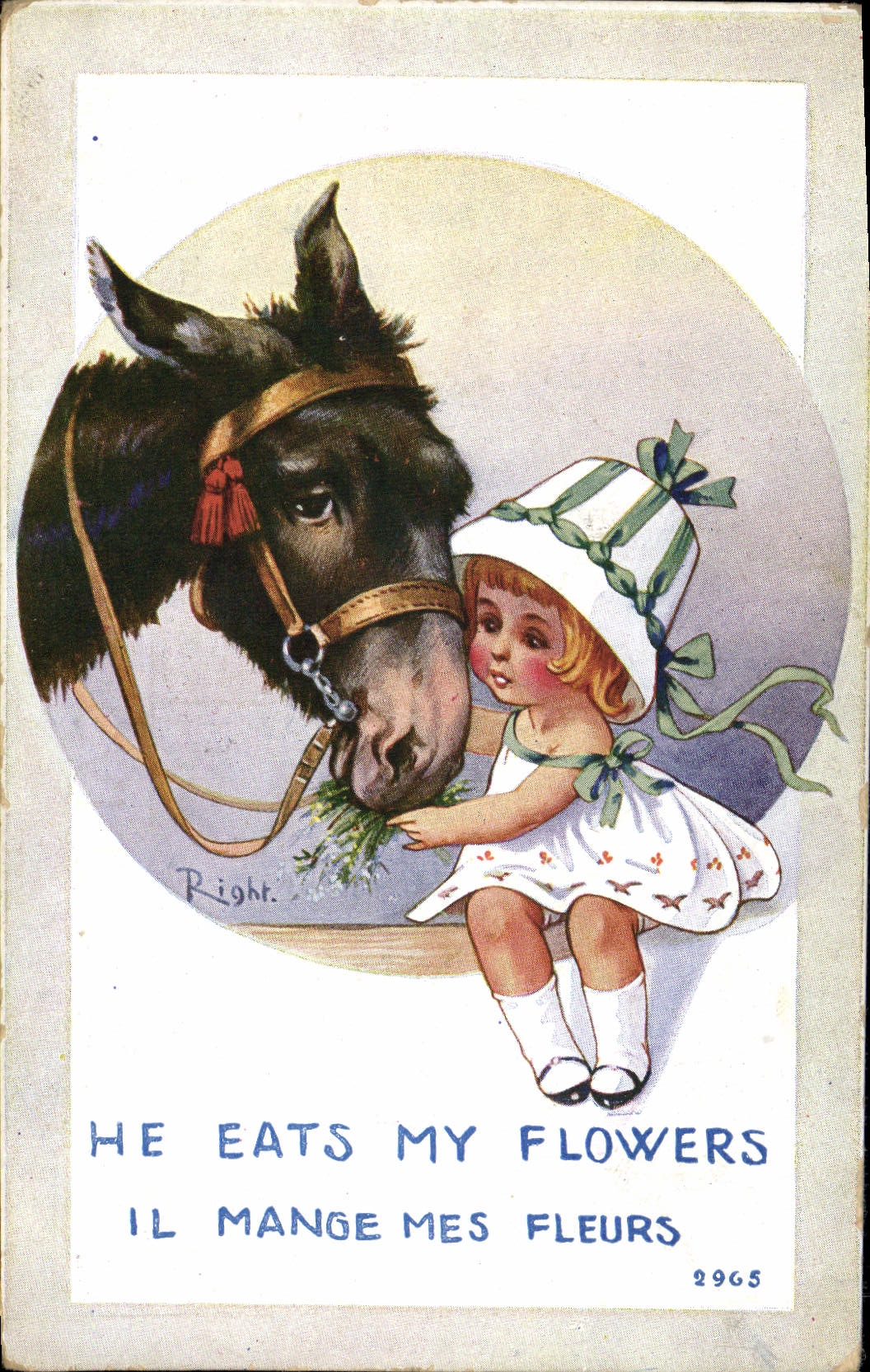 CPA Illustrateur Enfant Ane Mule Right