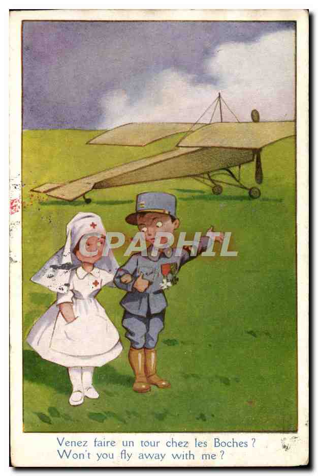 CPA Illustrateur Infirmiere Avion Militaria Croix Rouge 