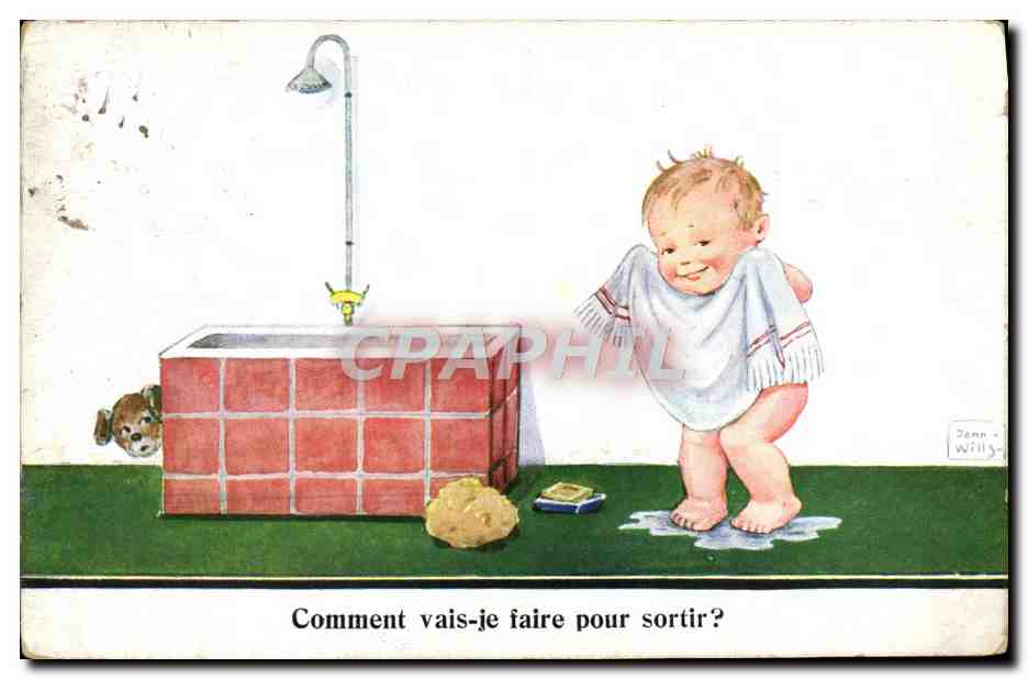 CPA Illustrateur Enfant Bain Chien Comment vais je faire pour sortir ? 