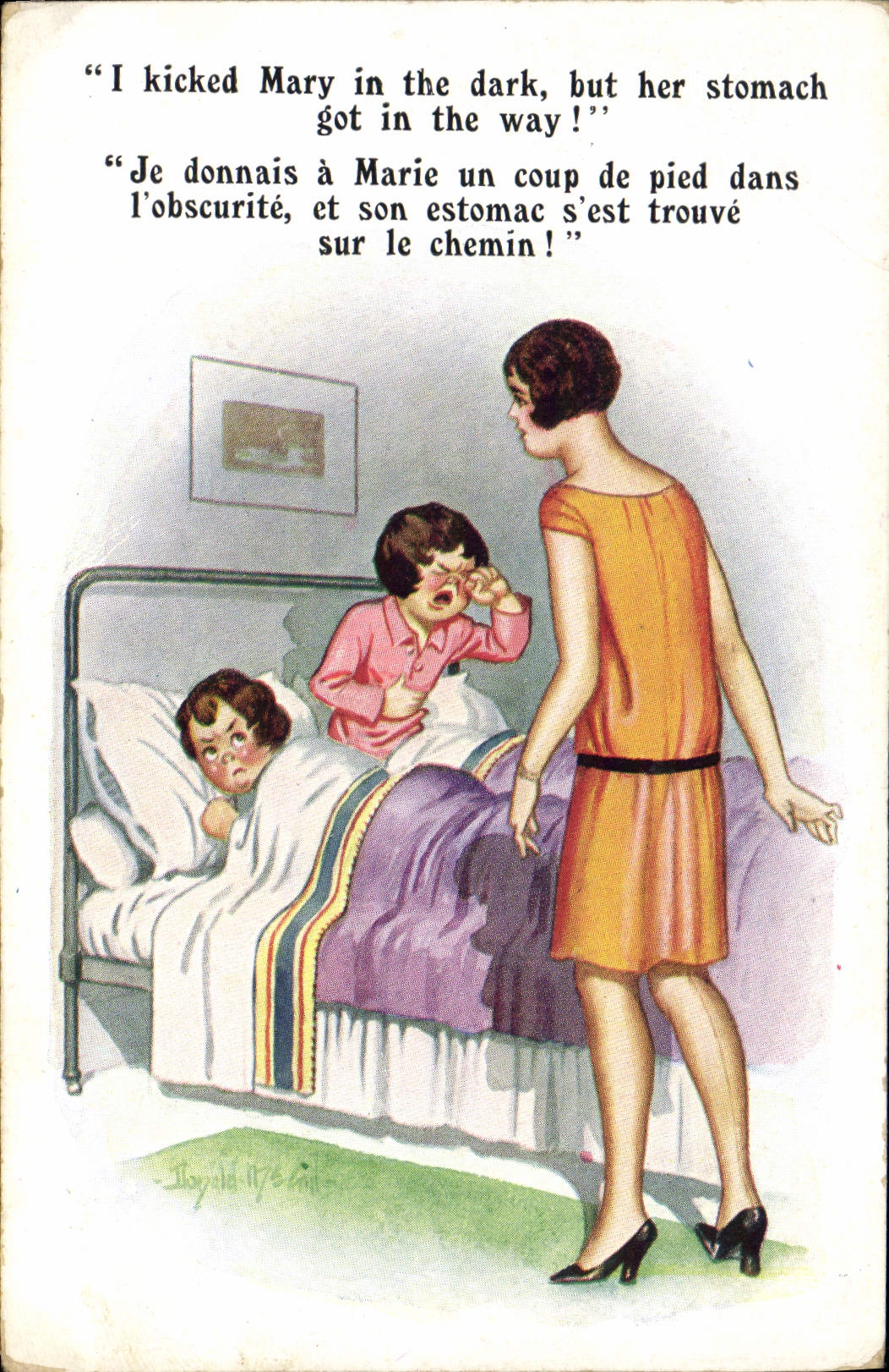 CPA Illustrateur Femmes I kicked Mary in the dark