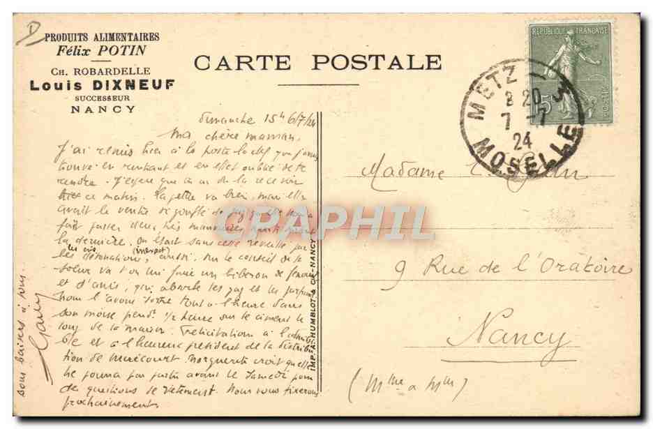 CPA Fabrique de Confitures Rue Saint Julien Felix Potin Nancy Louis Dixneuf  — Rückseite