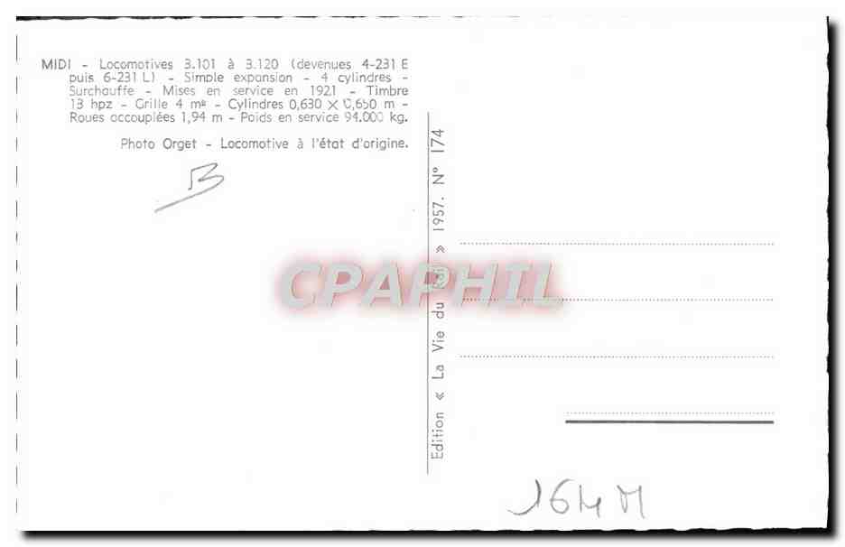 CPA train Locomotive 3 101 a 3 120 — Verso