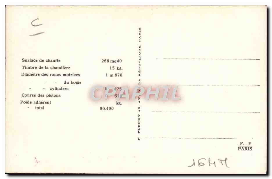 CPA train Locomotive machine 231 991 type Pacific — Verso