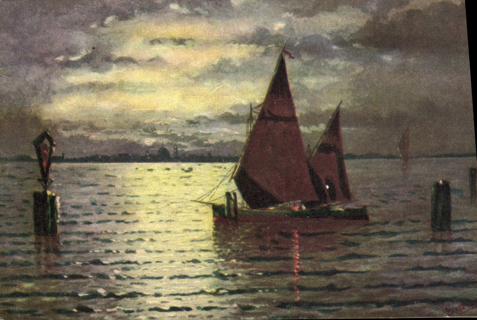 Bateau à voile au crépuscule — S. Gallet — éditeur Ballerini & Fratini, série 502