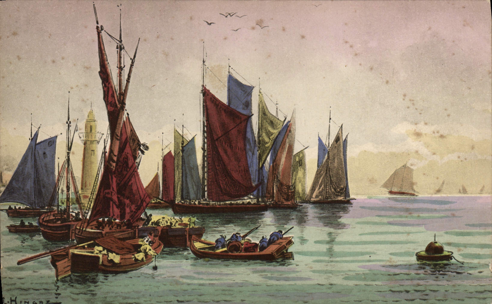 Fischereihafen mit Segelschiffen — Zeichnung von L. Hinore — Verlag A. Monver, Paris