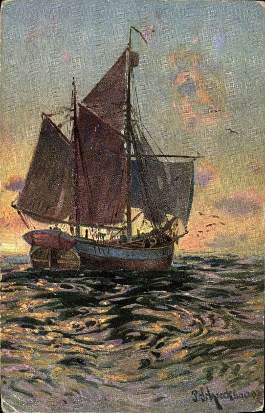 Bateau à voile — coucher de soleil — P. H. Heckhase