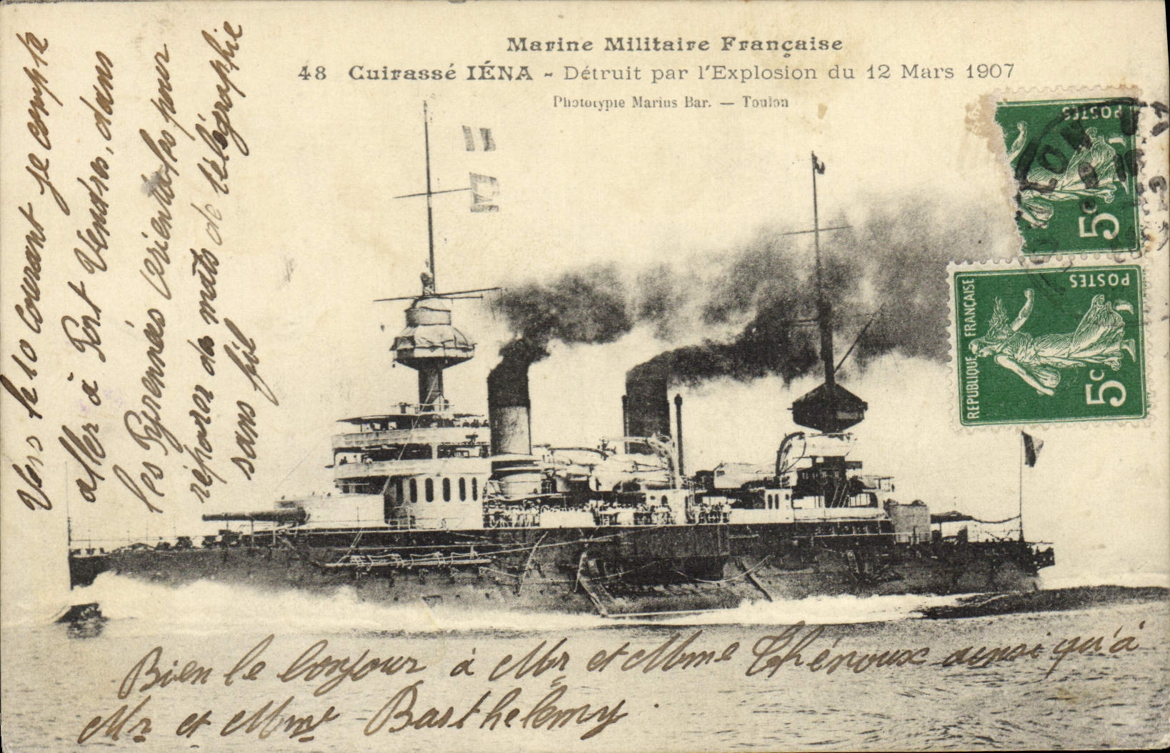 Cuirassé IÉNA — Détruit par l'Explosion du 12 Mars 1907 — Phototypie Marins Bar — Toulon