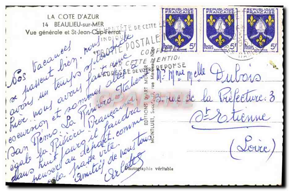 CPM Beaulieu sur Mer Generale et St Jean Cap Ferrat — Verso