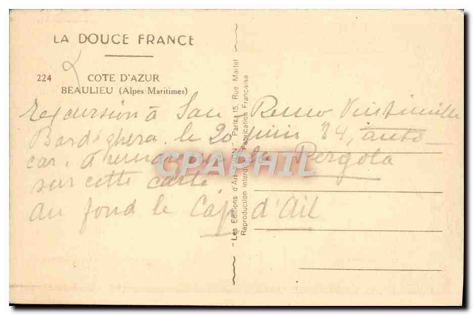 CPA Beaulieu — Verso