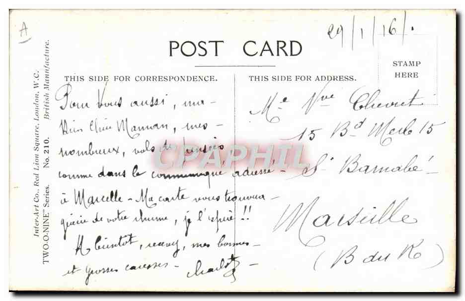 Bambino in uniforme di infermiera — editore Inter-Art Co., serie TWO-O-NINE, n°210 — Verso
