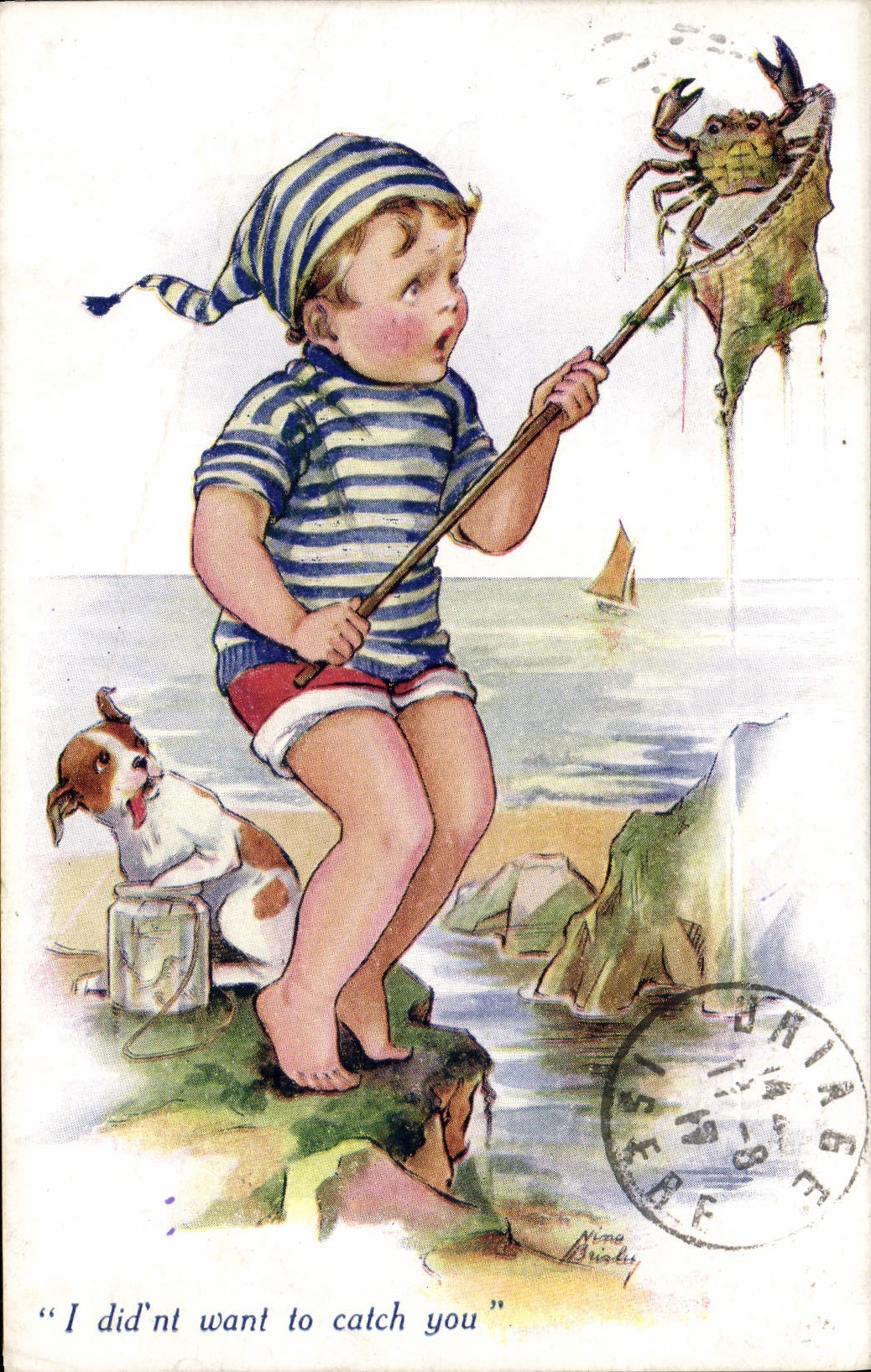 CPA Enfant Chien Crabe Peche 